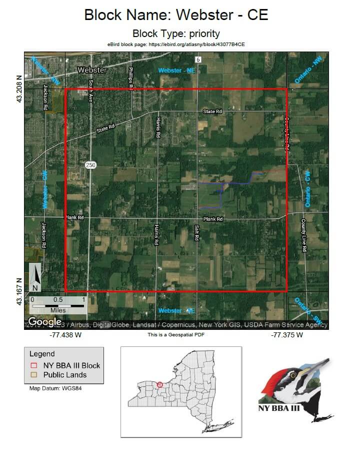 Map of the Webster - CE block for the NY Breeding Bird Atlas study, showing roads and land use.